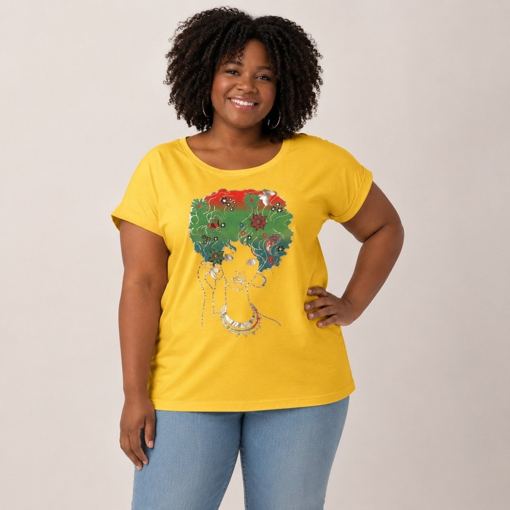 VTG MKM Designs Women Plus 2X Afro Art Graphic Tee Yellow Boho Top Y2K Foil